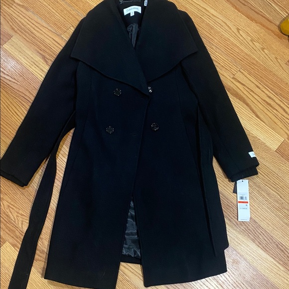 Retail $400 New Calvin Klein black wrap coat with belt - Picture 2 of 16